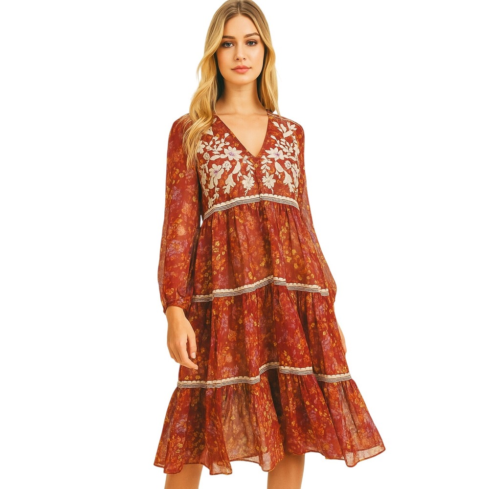 Free People Small Floral Embroidered Sheer‎ Cottage Hippie Boho Duster Dress